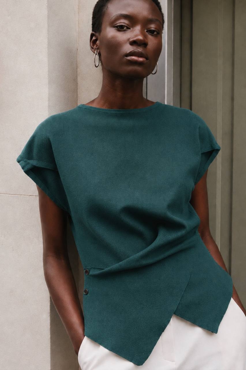 Button Wrap Knit Blouse | Teal Green