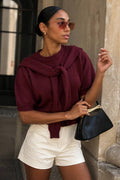 Shawl Collar Crew Neck Textured Blouse | Burgundy