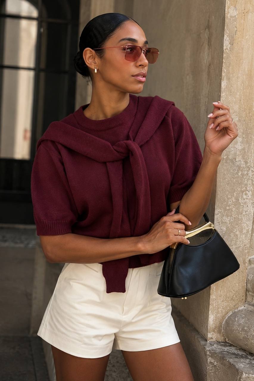 Shawl Collar Crew Neck Textured Blouse | Burgundy