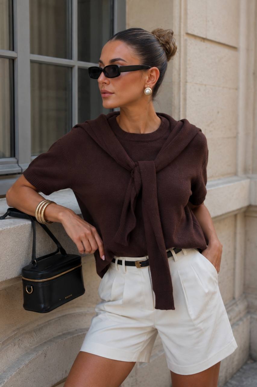 Shawl Collar Crew Neck Textured Blouse | Brown