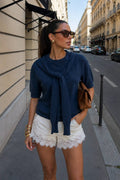 Shawl Collar Crew Neck Textured Blouse | Navy