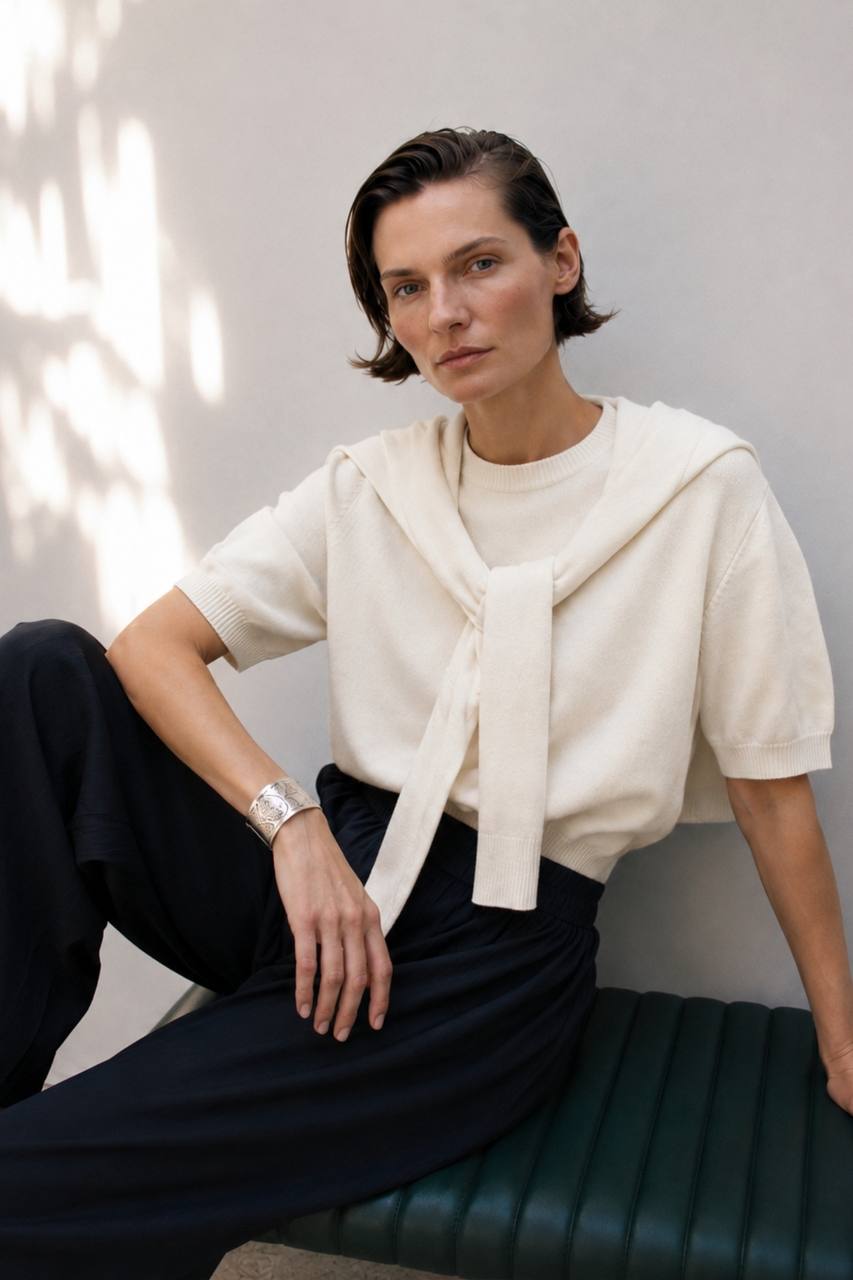 Shawl Collar Crew Neck Textured Blouse | White