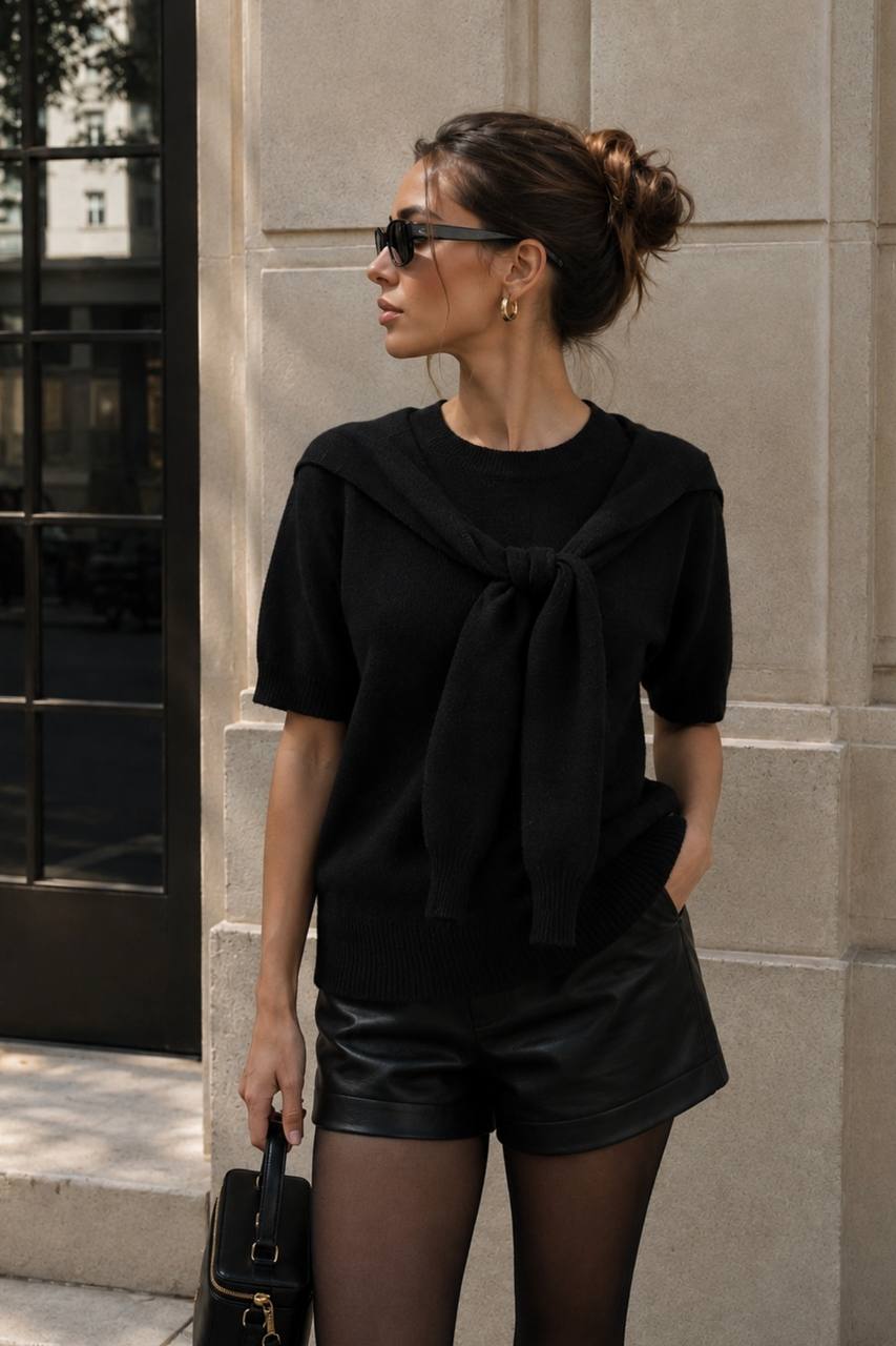 Shawl Collar Crew Neck Textured Blouse | Black