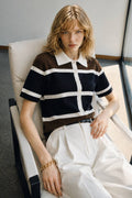 Striped Polo Collar Button-Down Blouse