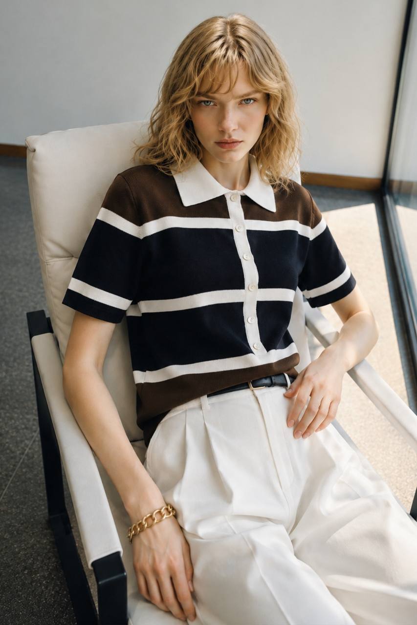 Striped Polo Collar Button-Down Blouse