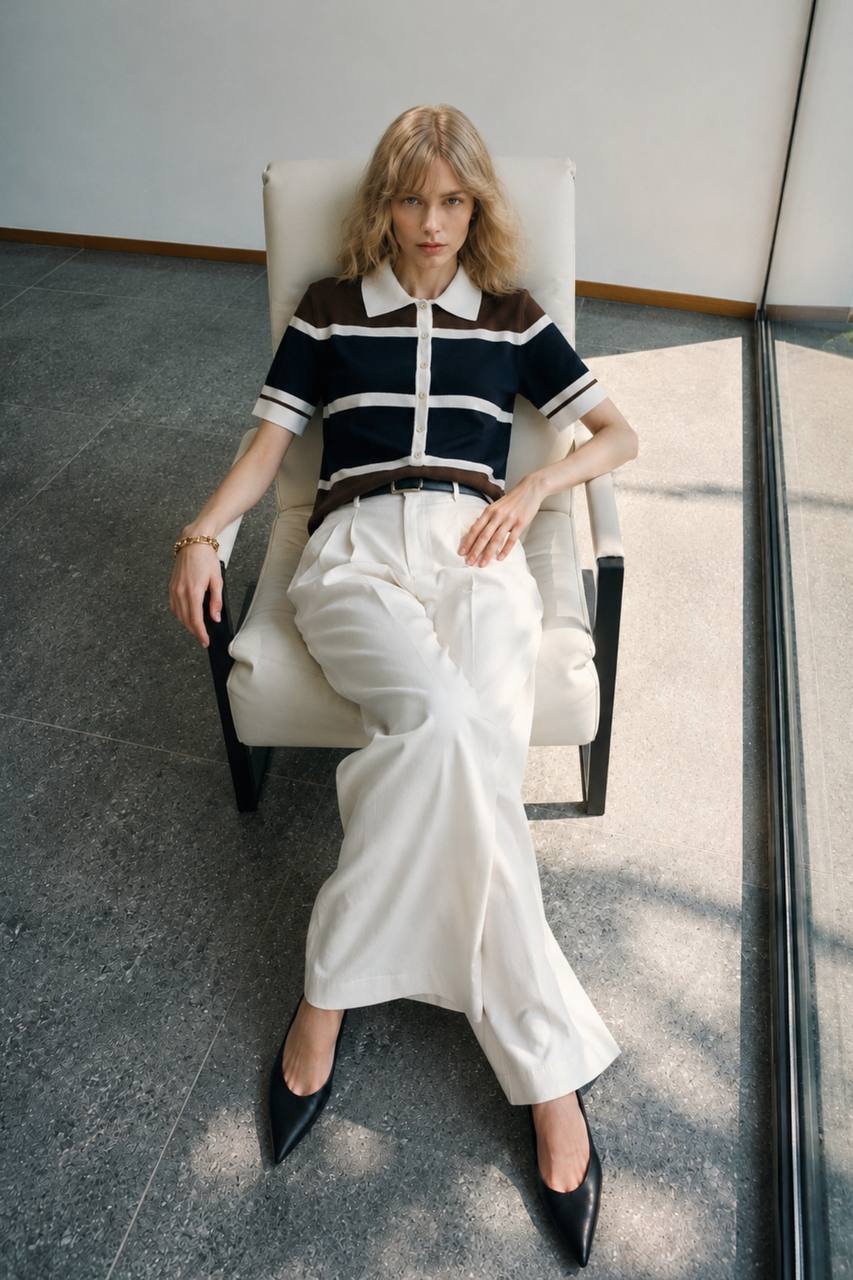 Striped Polo Collar Button-Down Blouse
