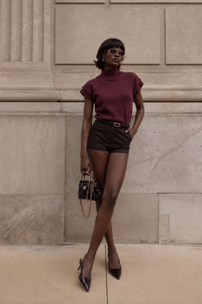 Turtleneck Textured Blouse with Sleeve Detail | Burgundy