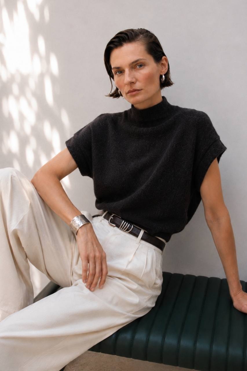 Turtleneck Textured Blouse with Sleeve Detail | Black