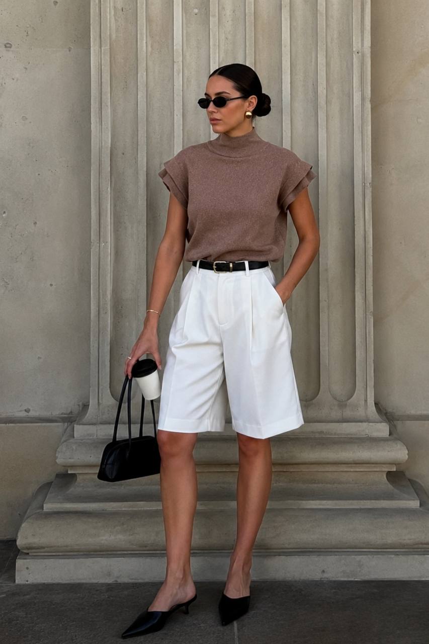 Turtleneck Textured Blouse with Sleeve Detail | Brown
