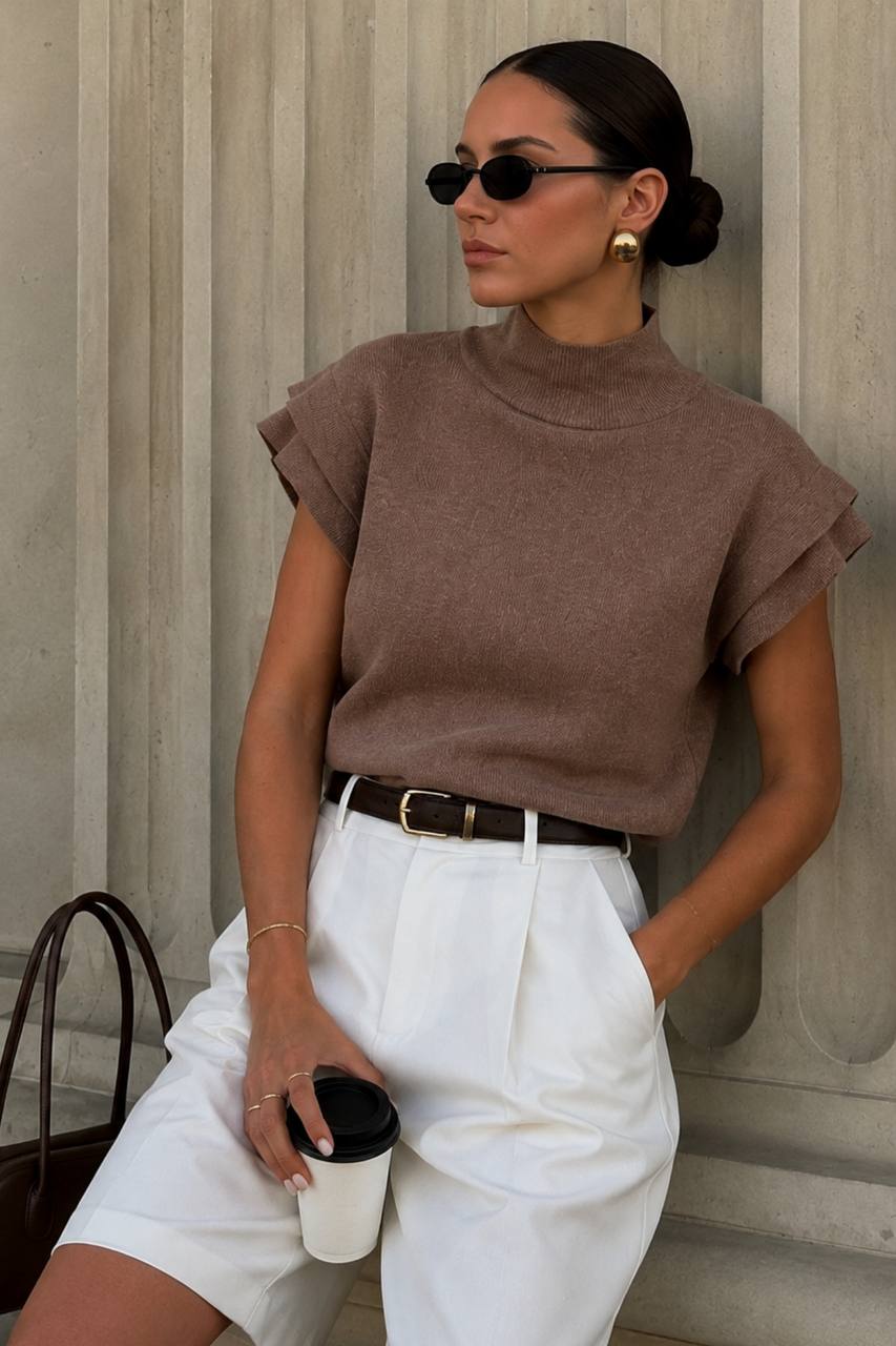 Turtleneck Textured Blouse with Sleeve Detail | Brown