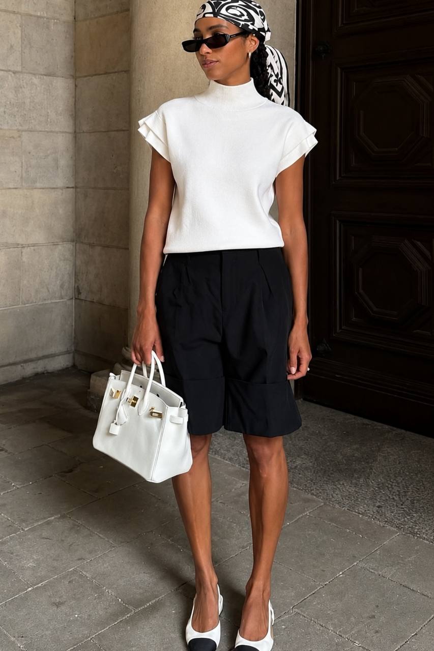 Turtleneck Textured Blouse with Sleeve Detail | White