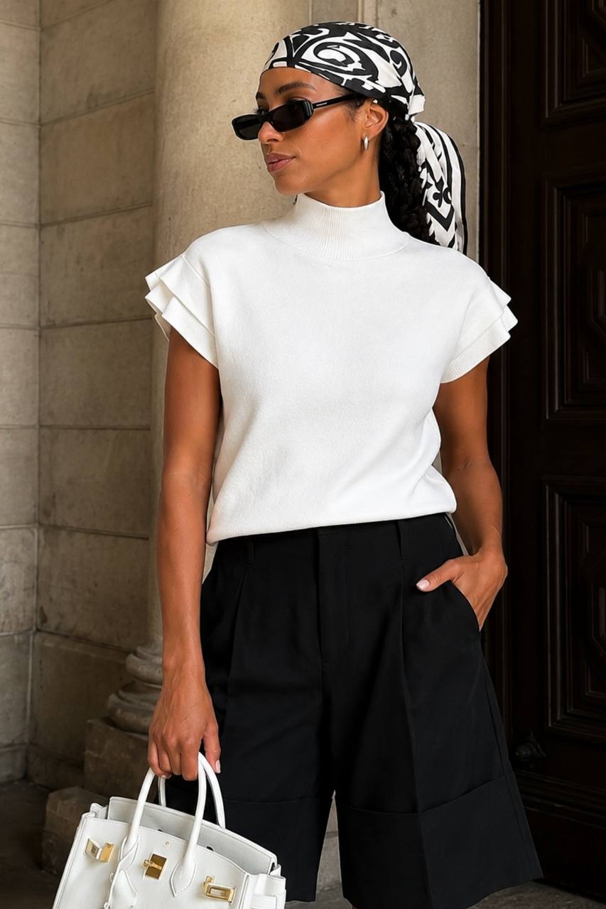 Turtleneck Textured Blouse with Sleeve Detail | White