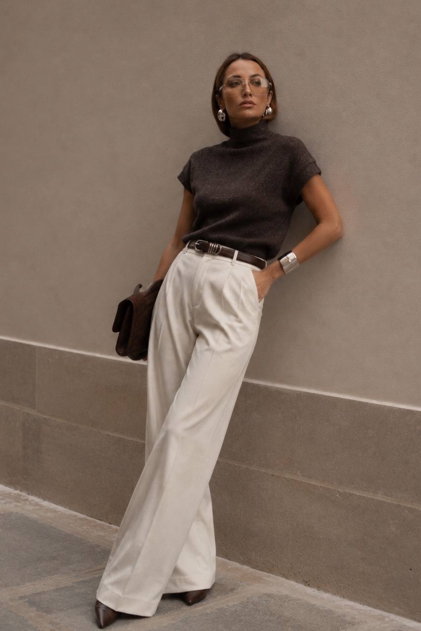 Turtleneck Textured Blouse with Sleeve Detail | Dark Brown