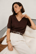 V-Neck Short-Sleeve Textured Blouse | Brown