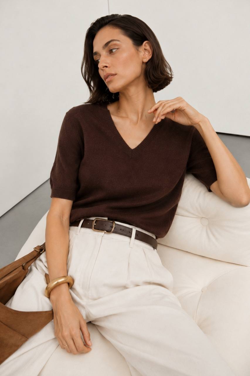 V-Neck Short-Sleeve Textured Blouse | Brown
