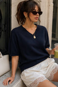 V-Neck Short-Sleeve Textured Blouse | Navy