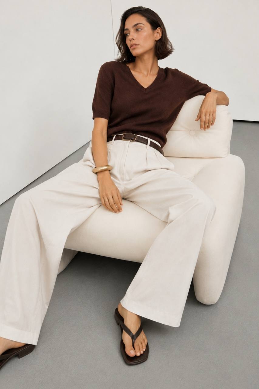 V-Neck Short-Sleeve Textured Blouse | Brown