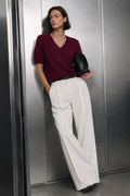 V-Neck Short-Sleeve Textured Blouse | Burgundy