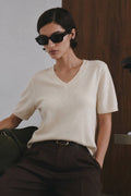 V-Neck Short-Sleeve Textured Blouse | Beige