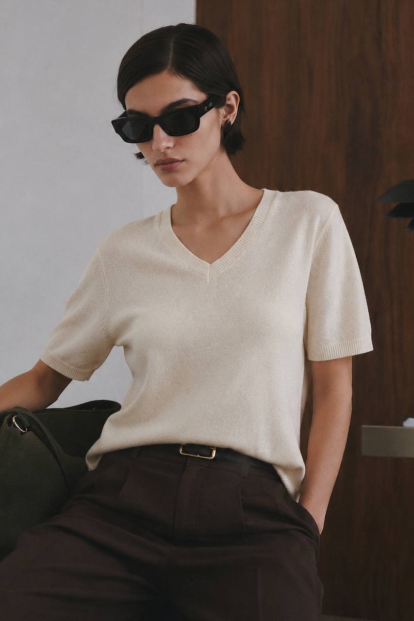 V-Neck Short-Sleeve Textured Blouse | Beige