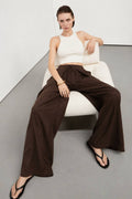 Pleated Lace-Up Linen Trousers | Dark Brown