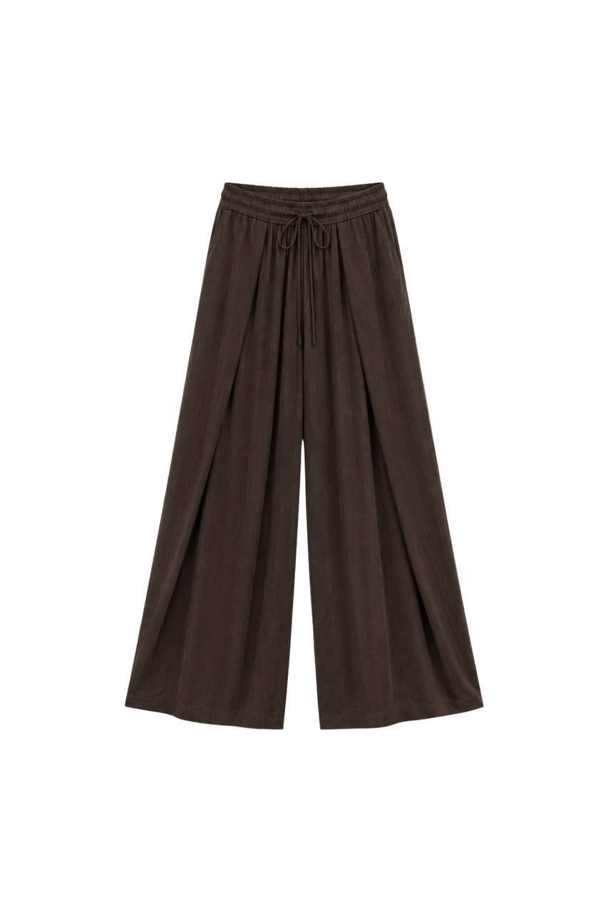 Pleated Lace-Up Linen Trousers | Dark Brown