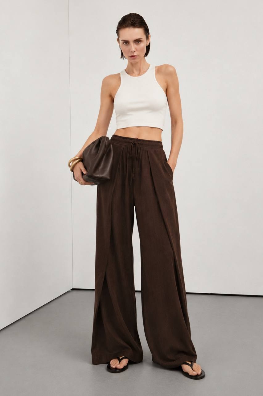 Pleated Lace-Up Linen Trousers | Dark Brown