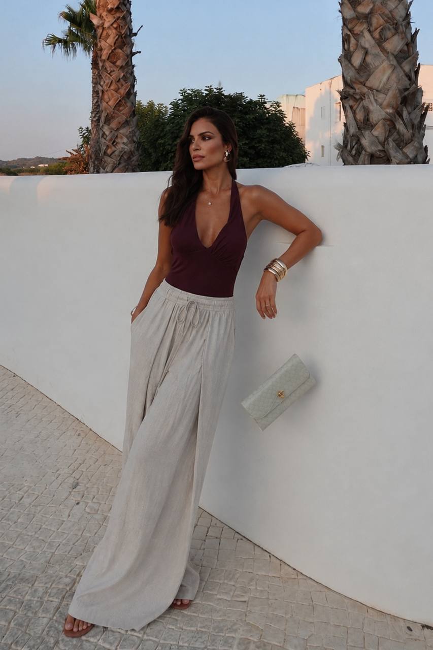 Pleated Lace-Up Linen Trousers | Beige
