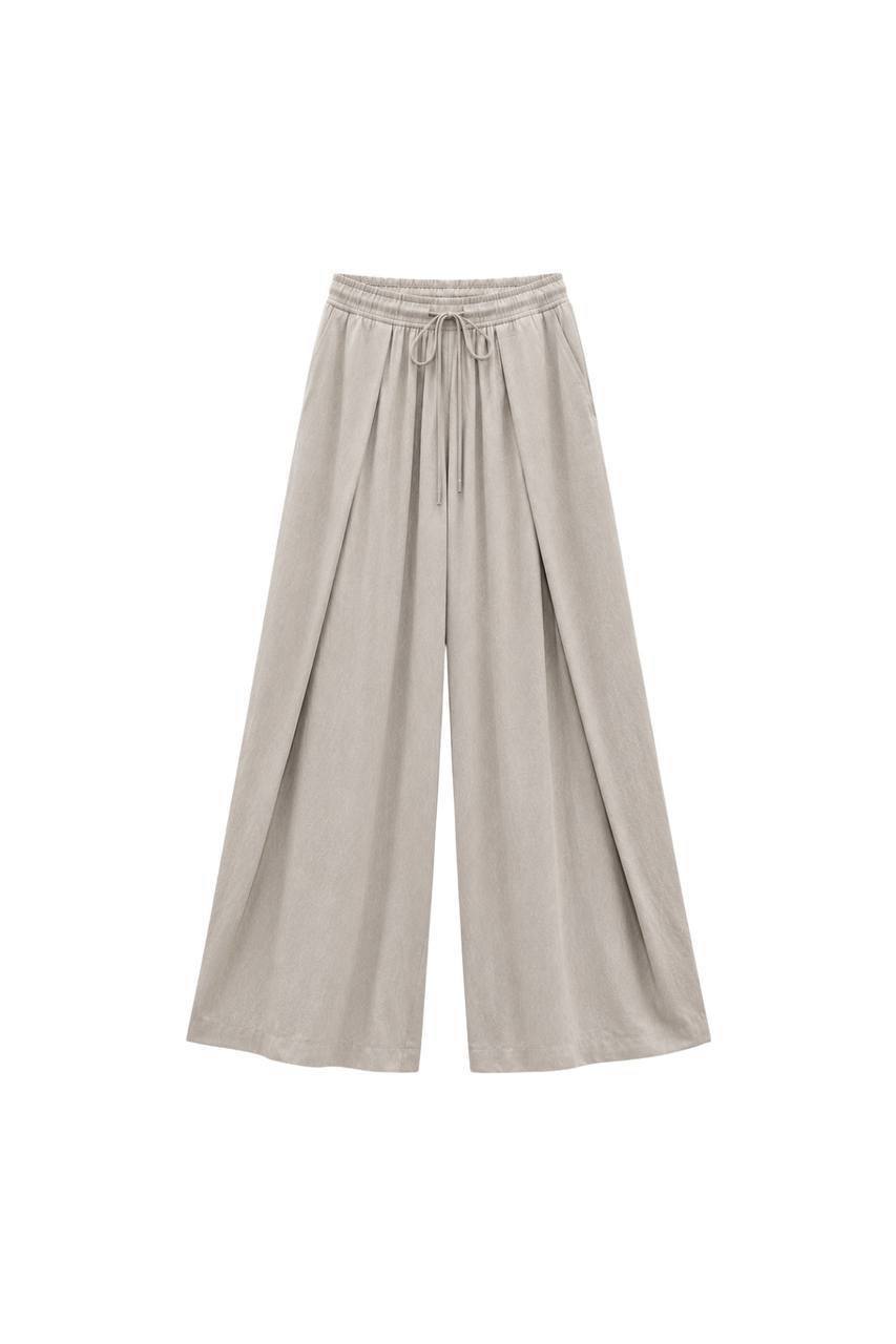 Pleated Lace-Up Linen Trousers | Beige