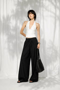 Pleated Lace-Up Linen Trousers | Black