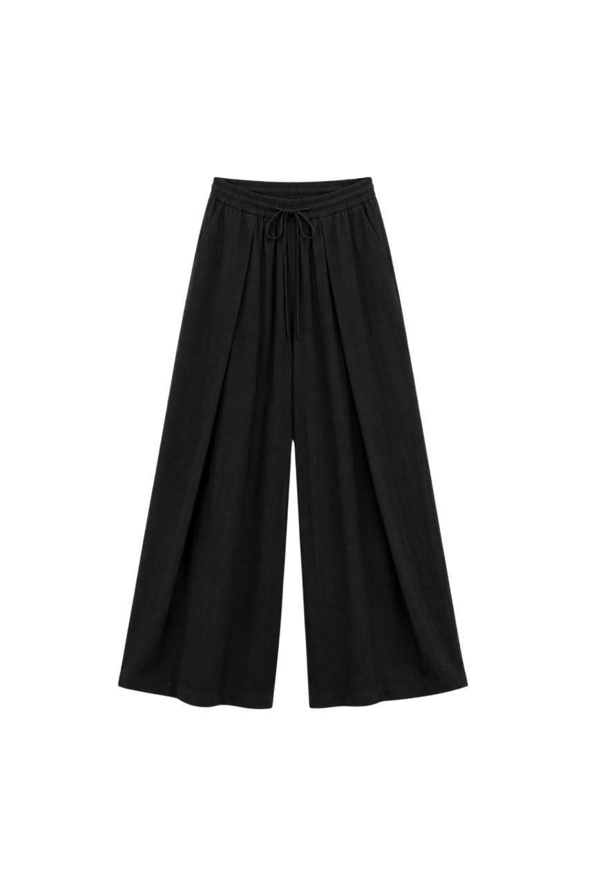 Pleated Lace-Up Linen Trousers | Black