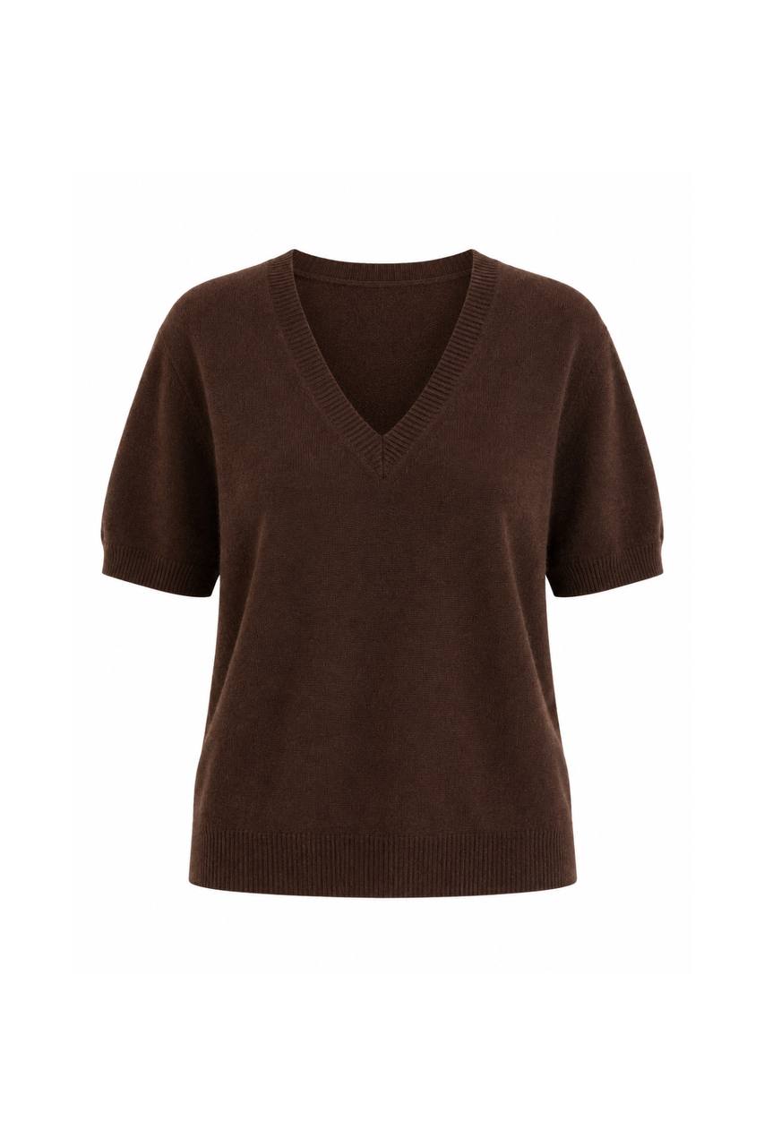V-Neck Short-Sleeve Textured Blouse | Brown