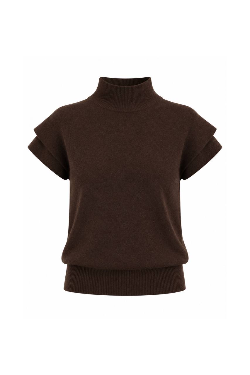 Turtleneck Textured Blouse with Sleeve Detail | Dark Brown