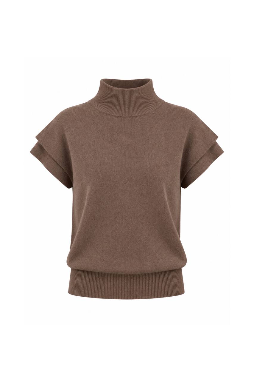 Turtleneck Textured Blouse with Sleeve Detail | Brown