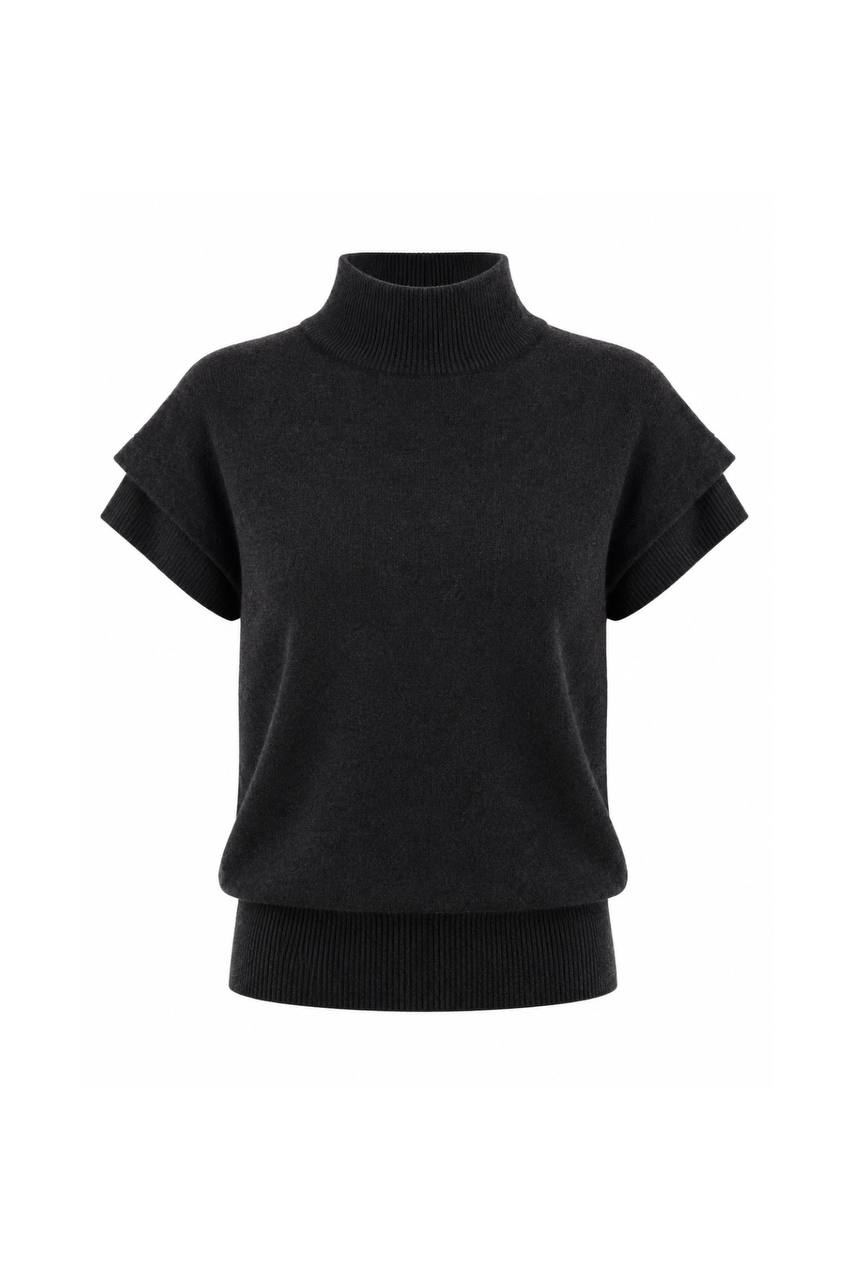 Turtleneck Textured Blouse with Sleeve Detail | Black