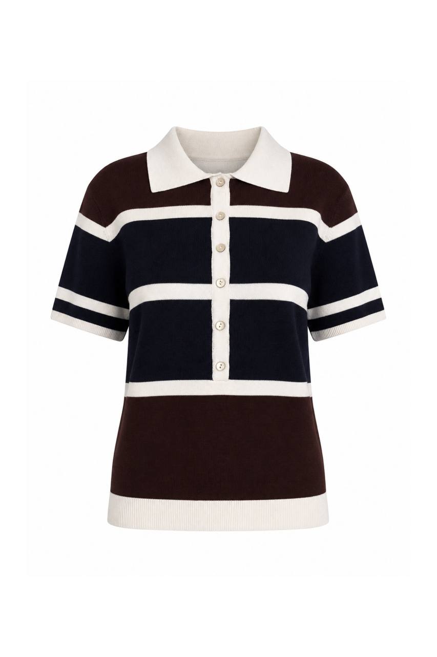 Striped Polo Collar Button-Down Blouse