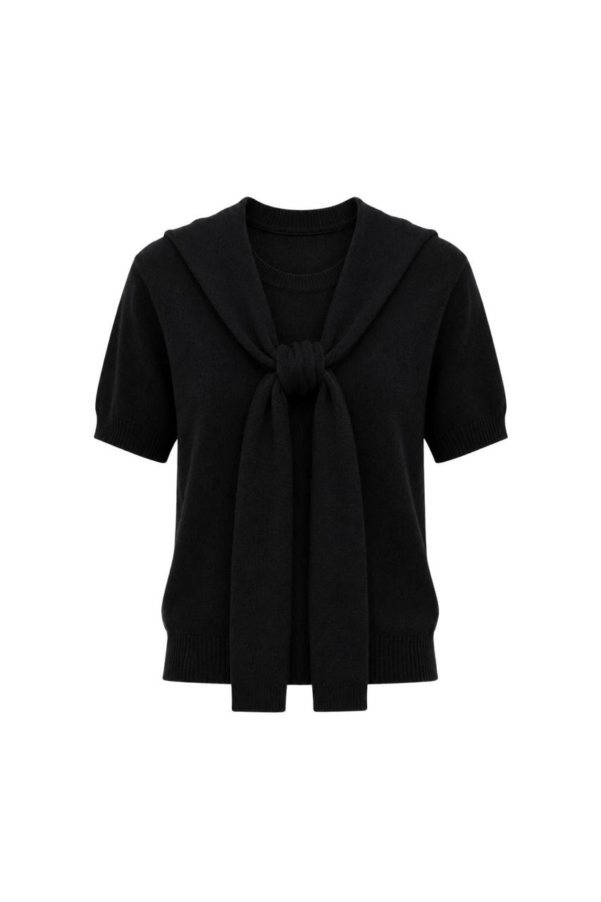 Shawl Collar Crew Neck Textured Blouse | Black
