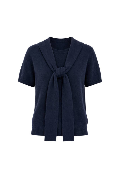 Shawl Collar Crew Neck Textured Blouse | Navy