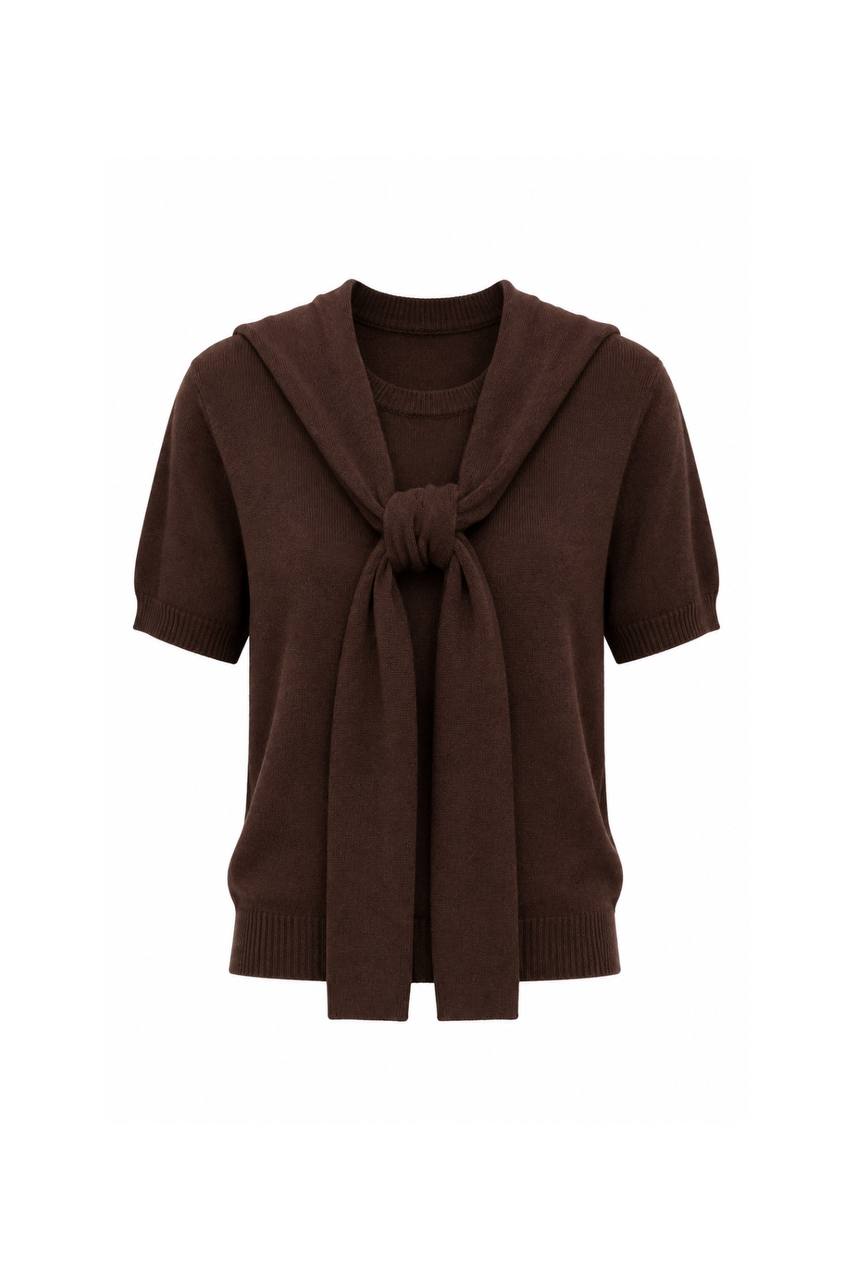 Shawl Collar Crew Neck Textured Blouse | Brown