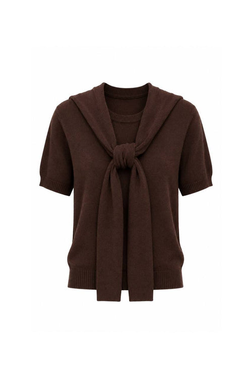 Shawl Collar Crew Neck Textured Blouse | Brown