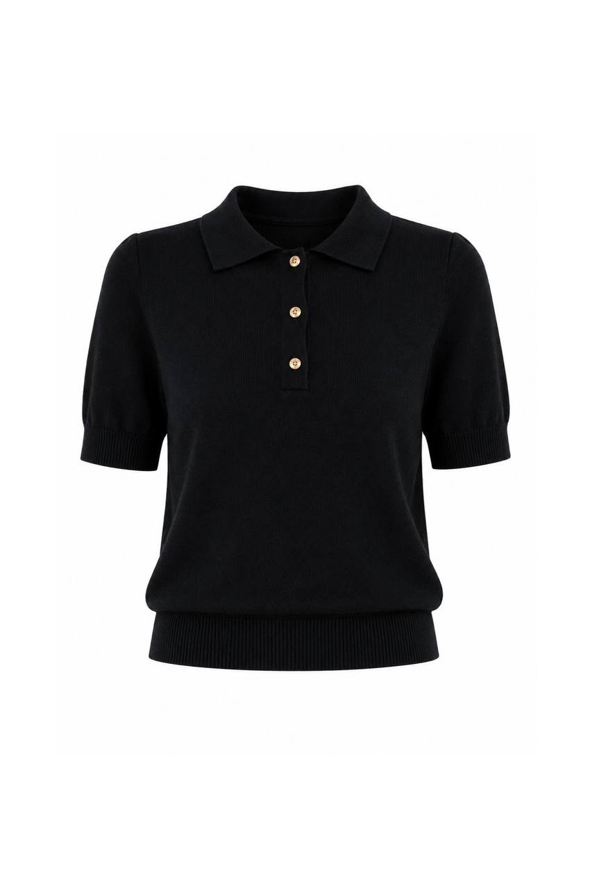 Polo Collar Blouse with Gold Buttons | Black