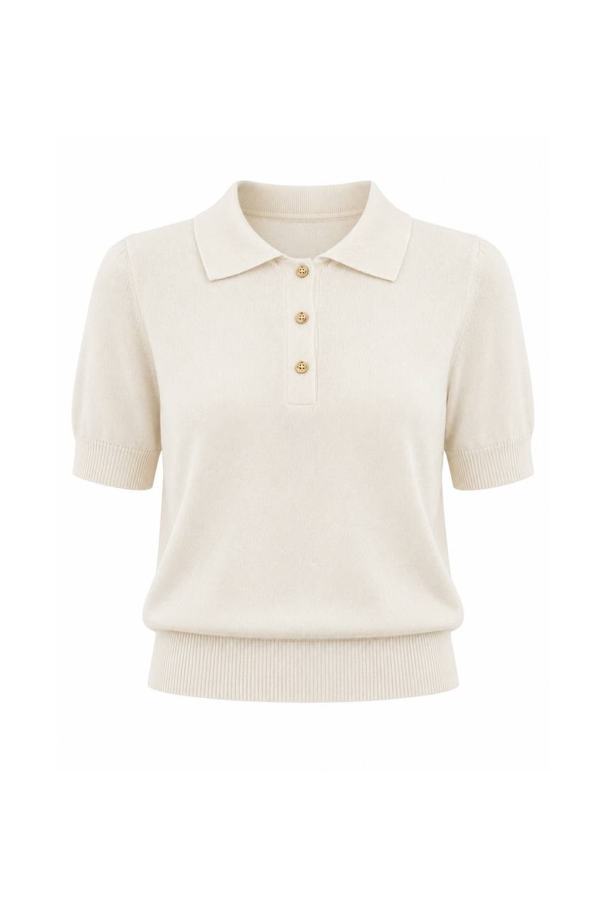 Polo Collar Blouse with Gold Buttons | Ivory