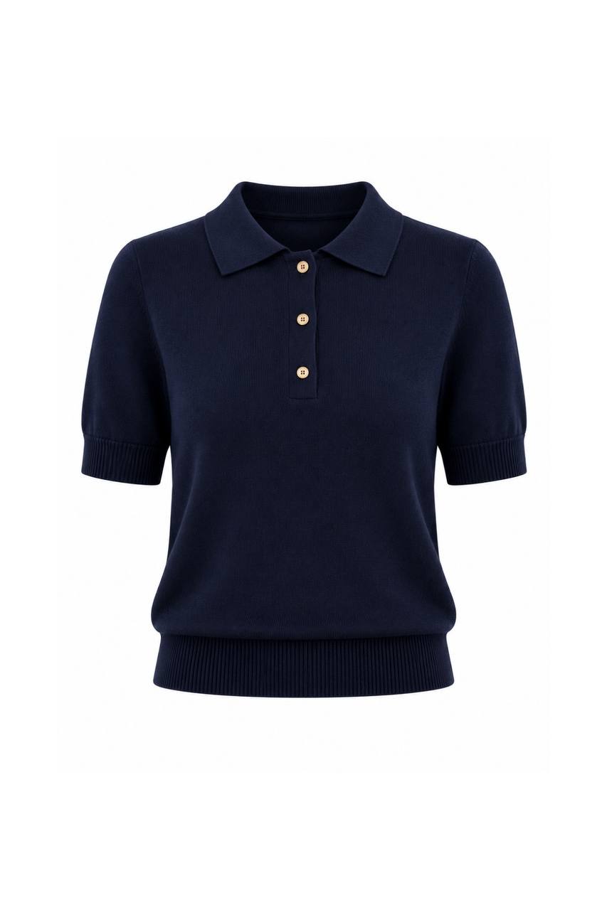 Polo Collar Blouse with Gold Buttons | Navy Blue