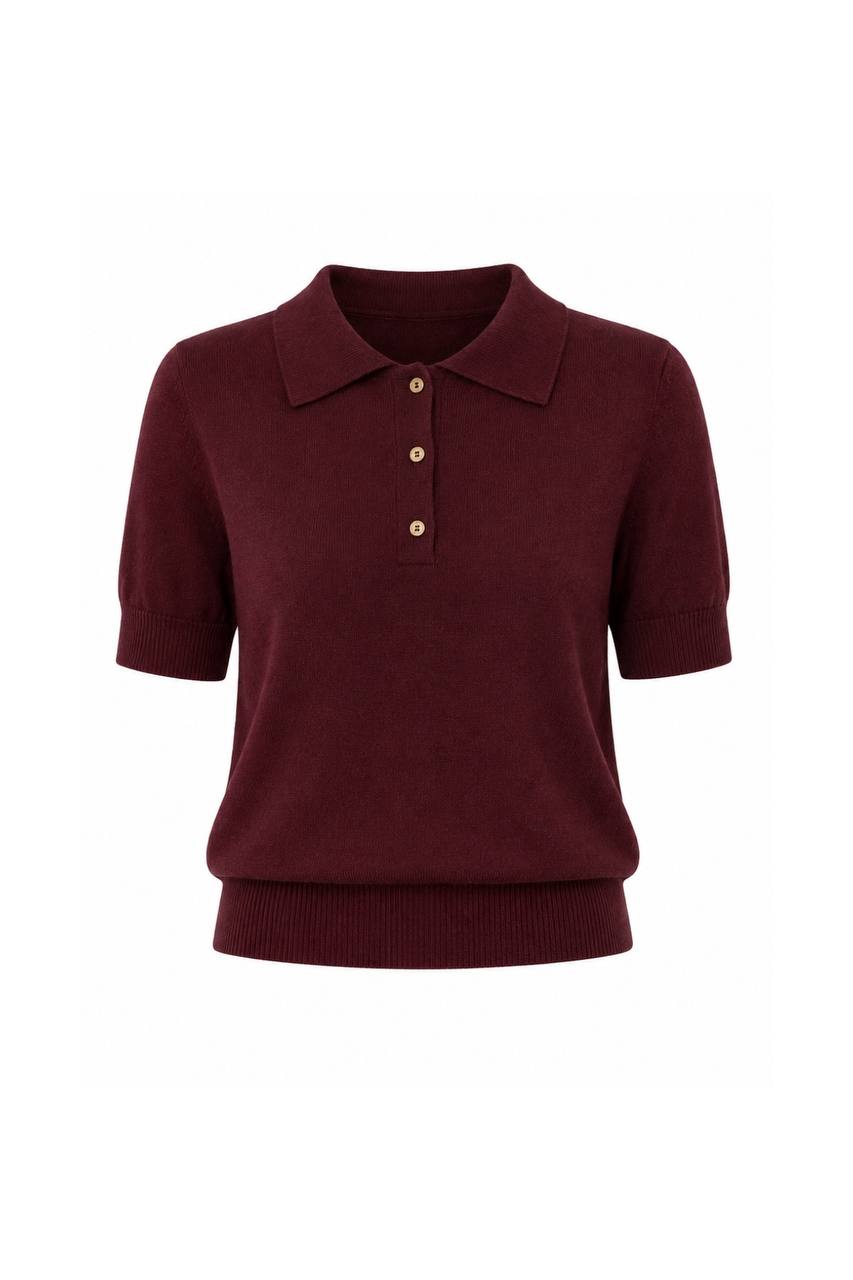 Polo Collar Blouse with Gold Buttons | Burgundy