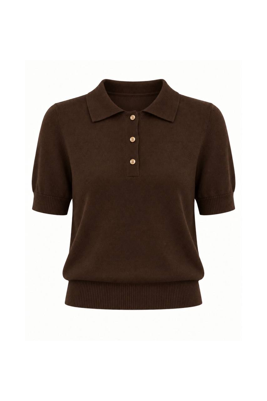 Polo Collar Blouse with Gold Buttons | Dark Brown