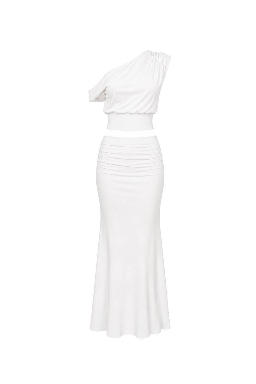 One-Shoulder Fitted Blouse & Gathered Maxi Skirt Set | Ivory