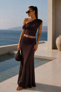 One-Shoulder Fitted Blouse & Gathered Maxi Skirt Set | Dark Brown