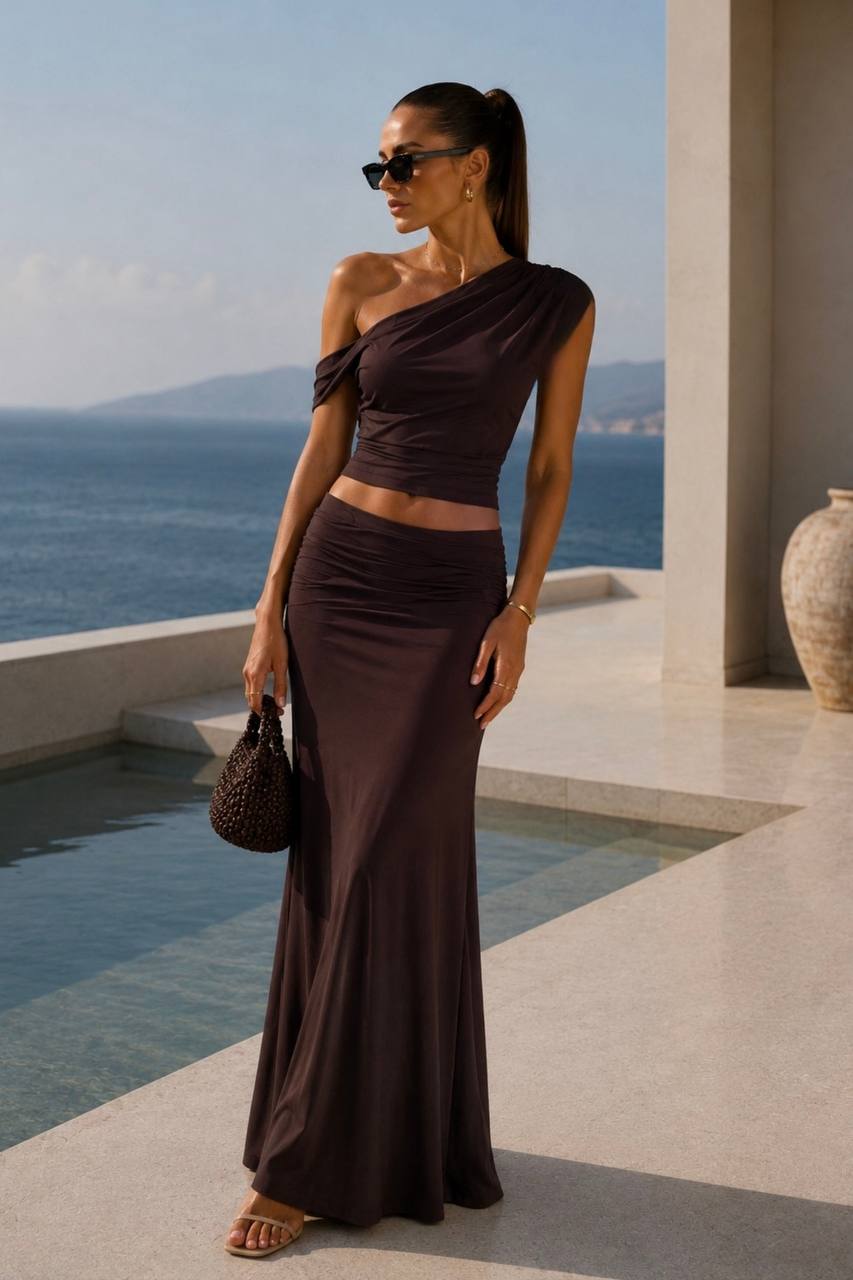One-Shoulder Fitted Blouse & Gathered Maxi Skirt Set | Dark Brown