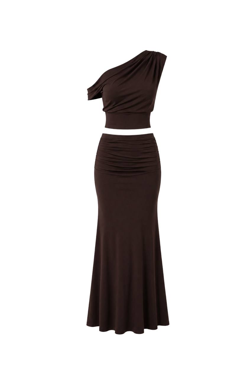 One-Shoulder Fitted Blouse & Gathered Maxi Skirt Set | Dark Brown