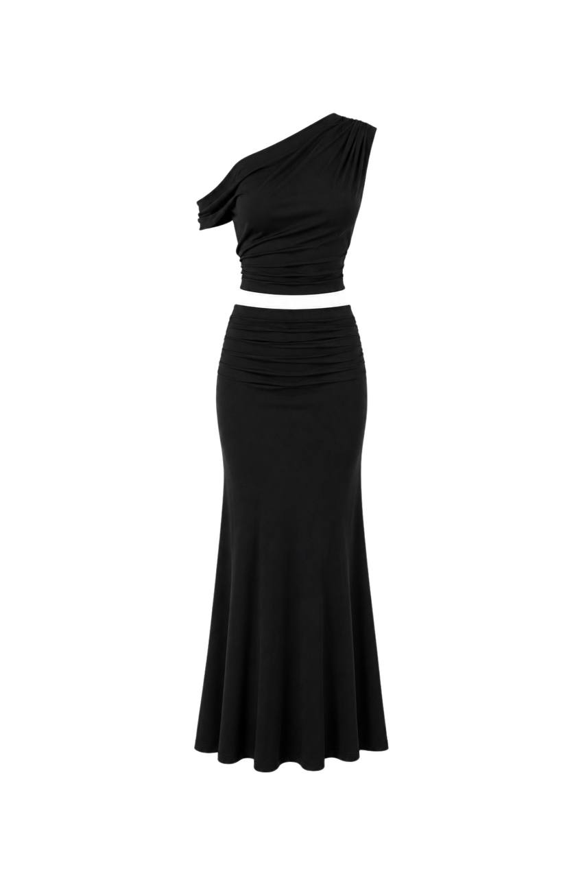 One-Shoulder Fitted Blouse & Gathered Maxi Skirt Set | Black